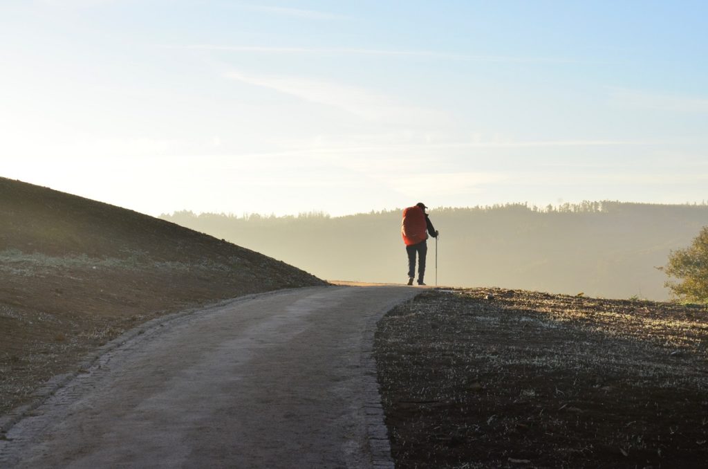 Pilgrim walking up hill.