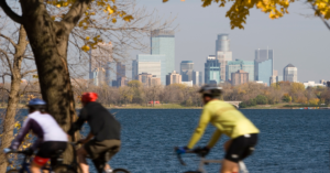 bikers in the forefront of the city of Minneapolis, MN